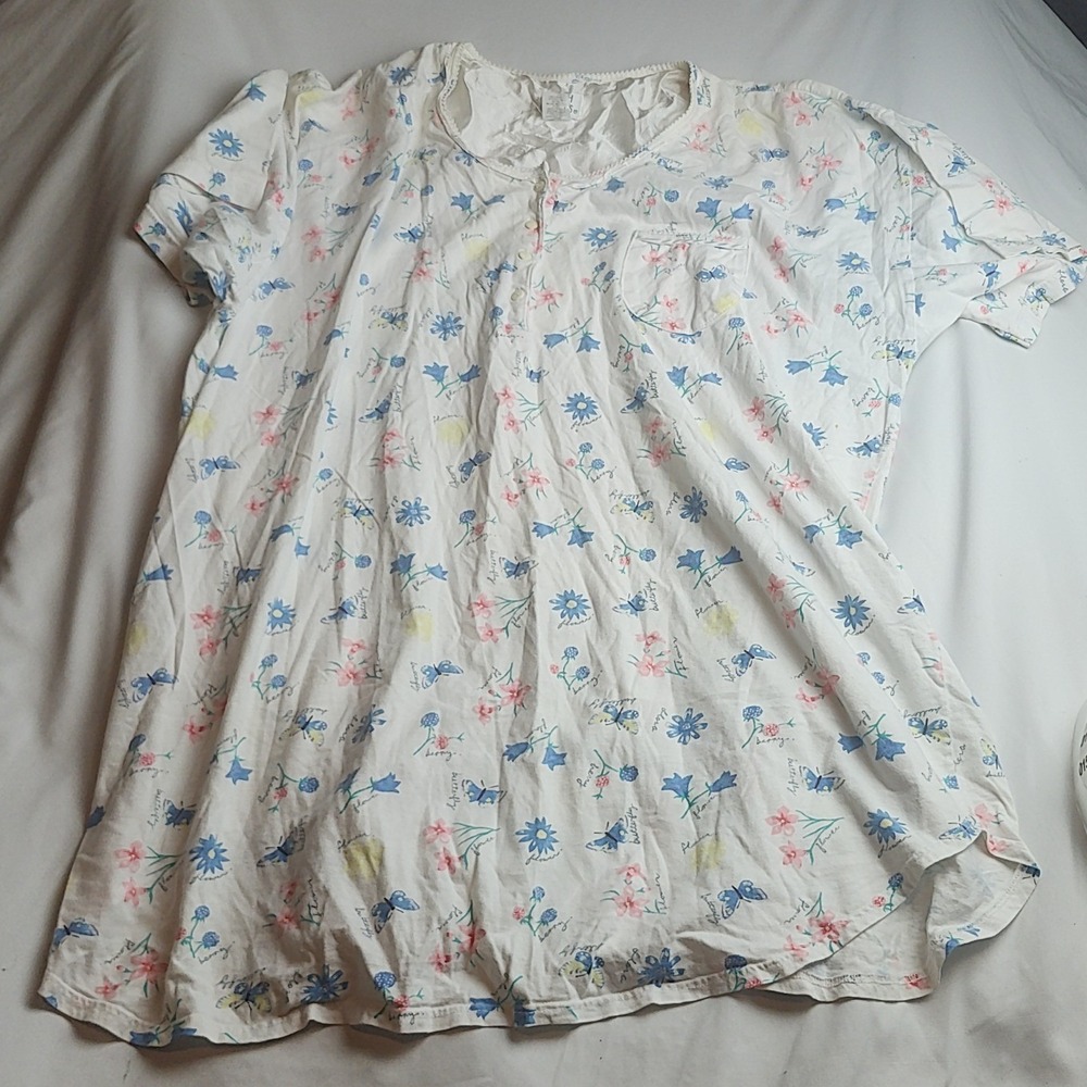 Earth Angels Nightgown Sleep Shirt White Floral Butterfly Print Women's Size 3X